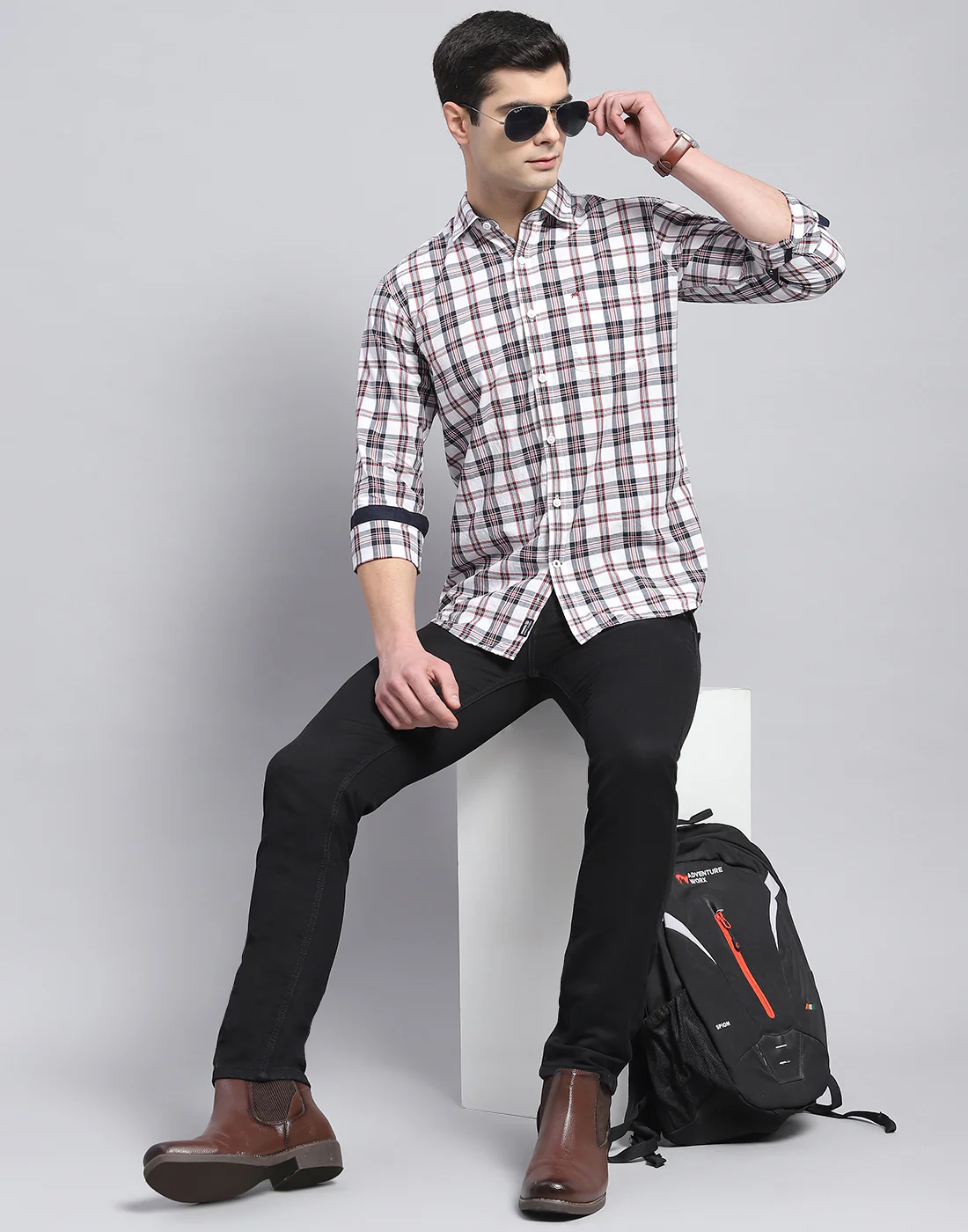 Men Off White Check Collar Full Sleeve Shirt - Image 2