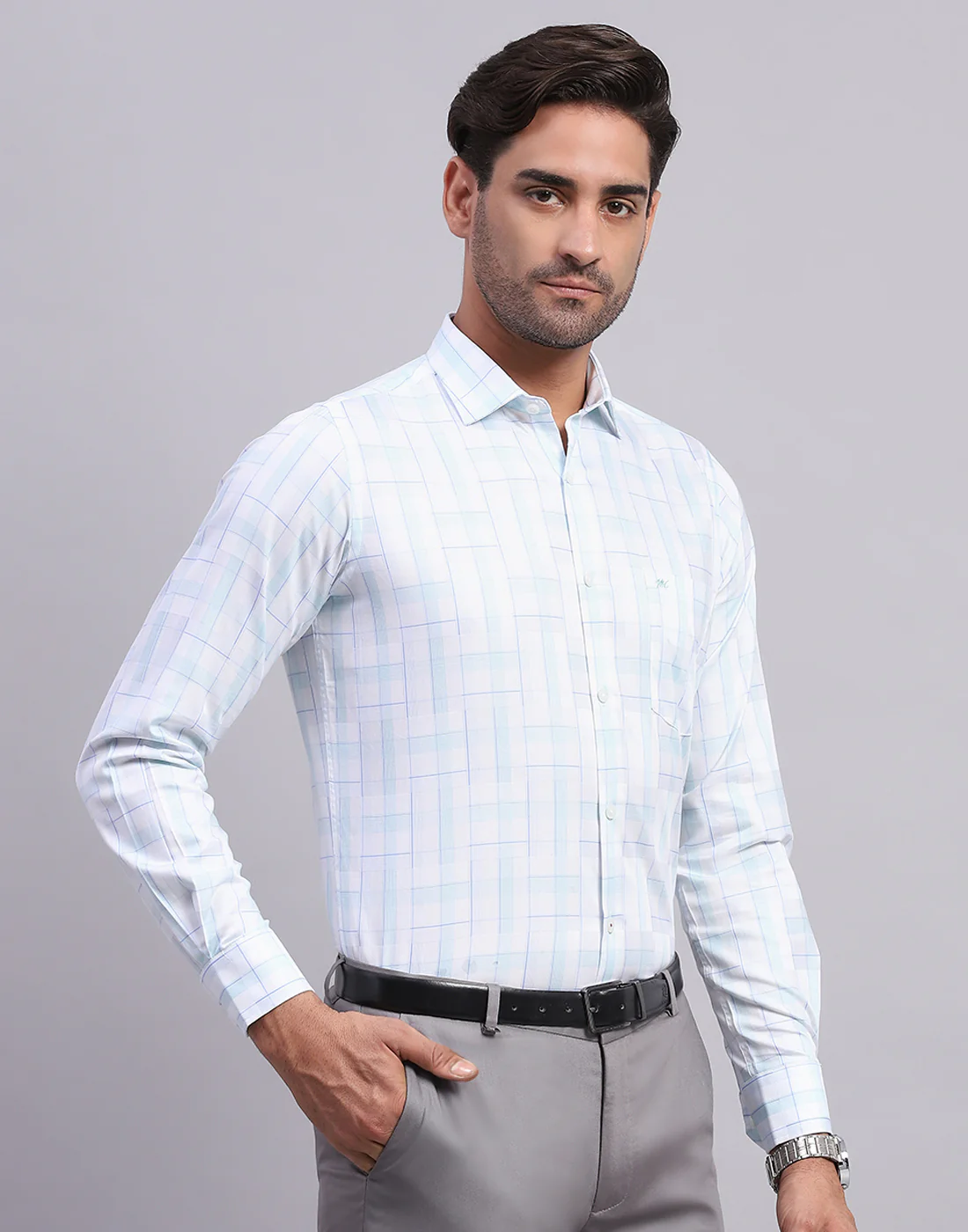 Men Off White Check Collar Full Sleeve Shirt - Image 4