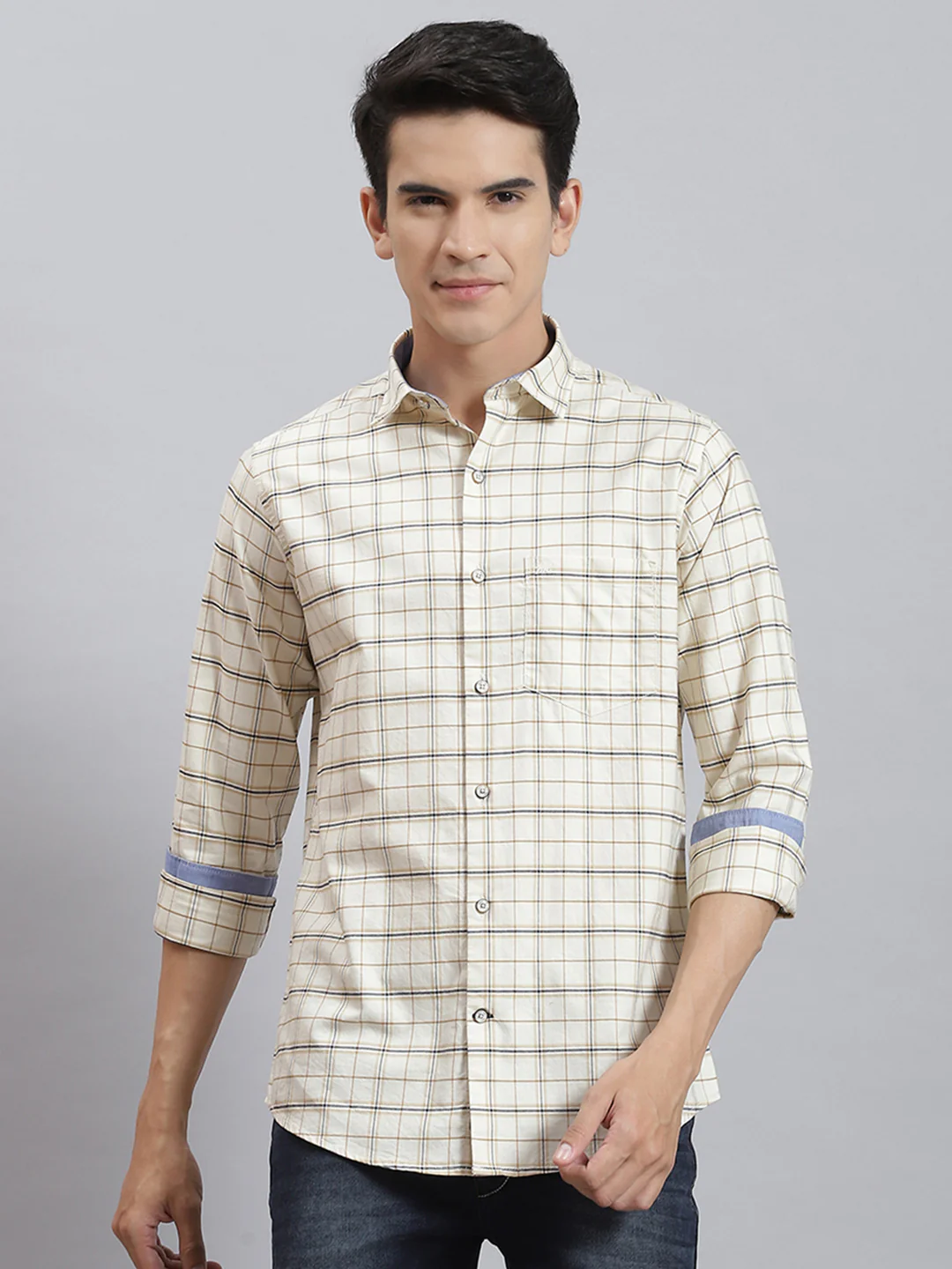 Men Off White Check Collar Full Sleeve Shirts - Image 2