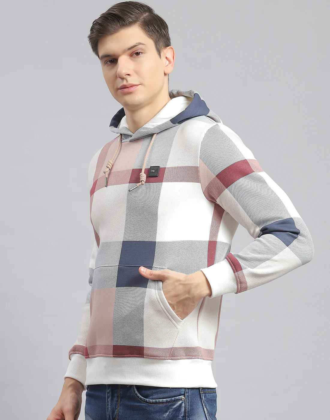 Men Off White Check Hooded Full Sleeve Sweatshirt - Image 3