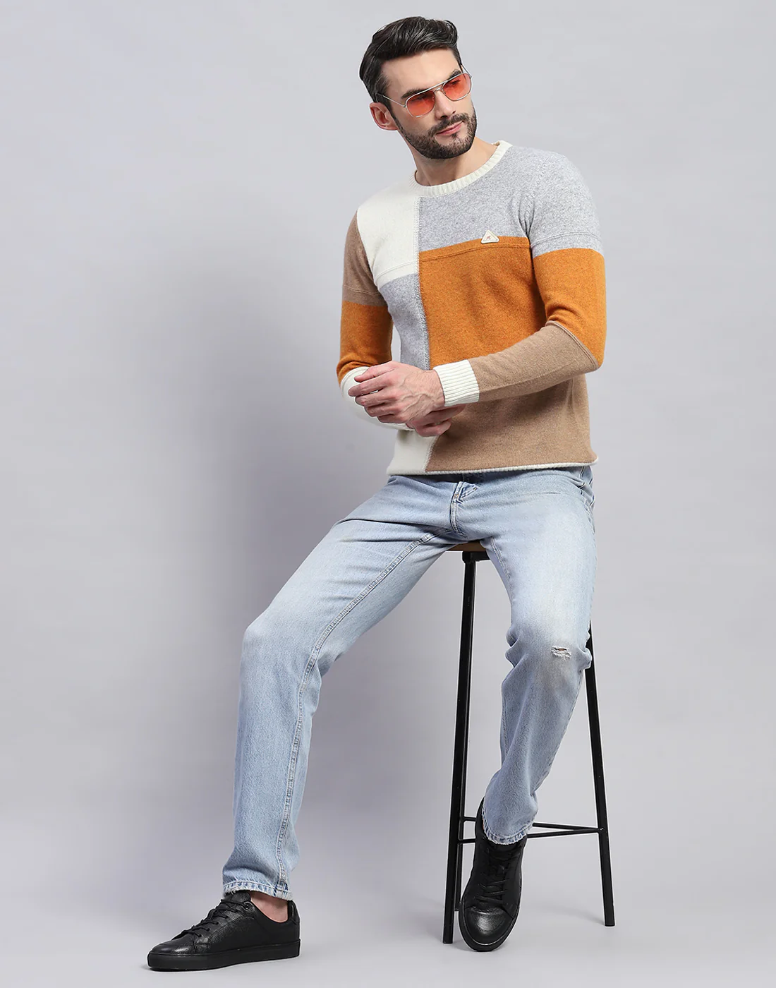 Men Off White Colourblocked Round Neck Full Sleeve Pullover - Image 2