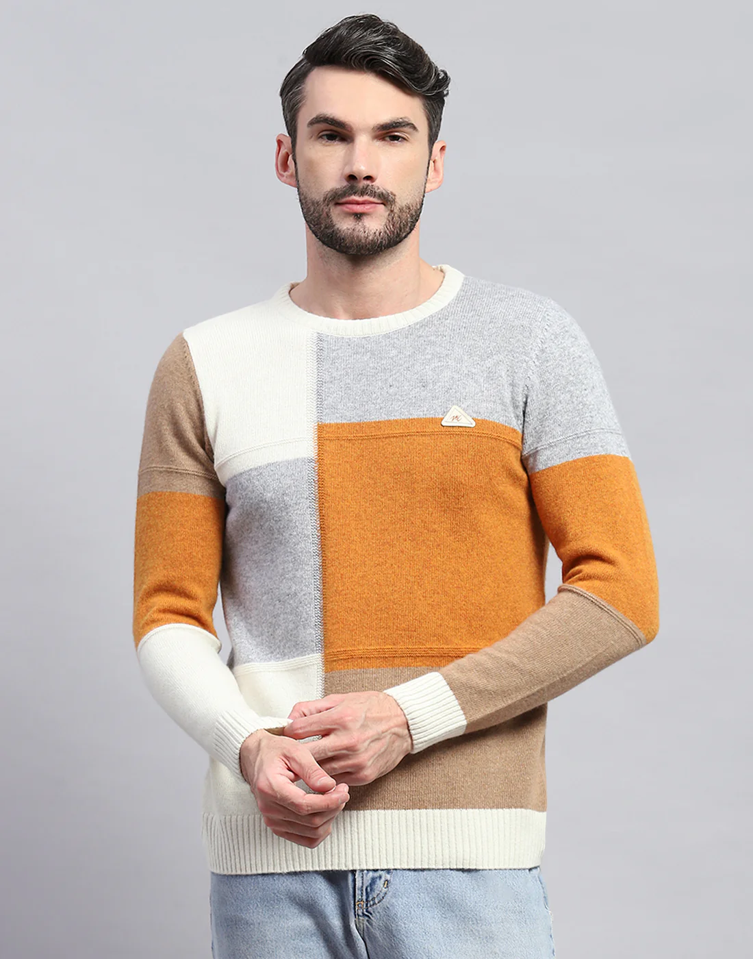 Men Off White Colourblocked Round Neck Full Sleeve Pullover - Image 3