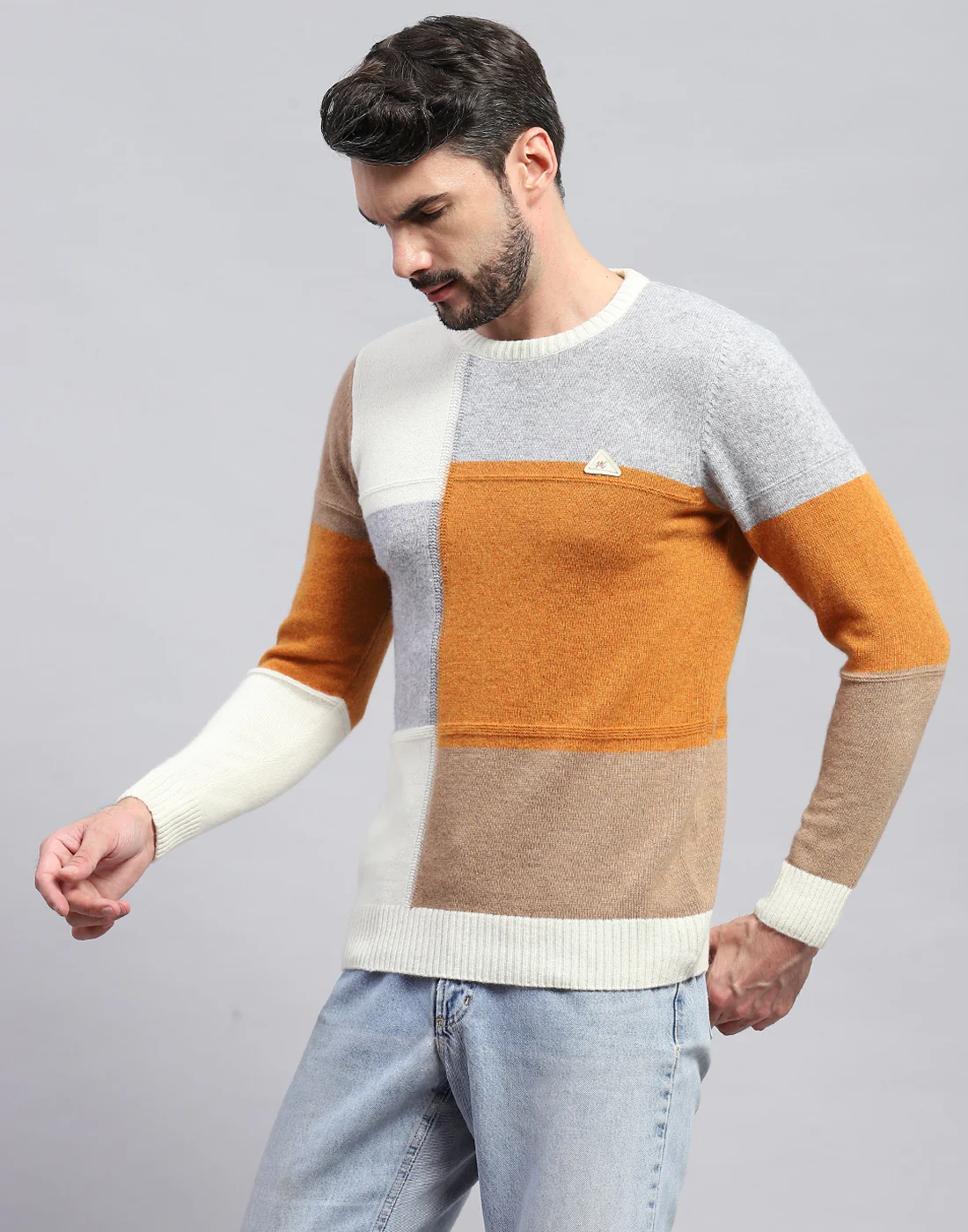 Men Off White Colourblocked Round Neck Full Sleeve Pullover - Image 4