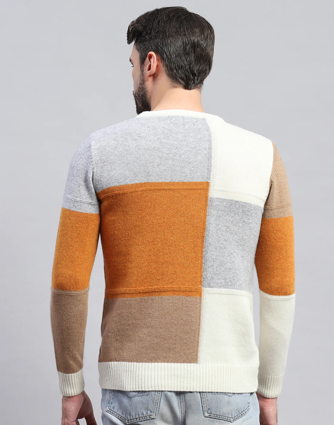 Men Off White Colourblocked Round Neck Full Sleeve Pullover - Image 5