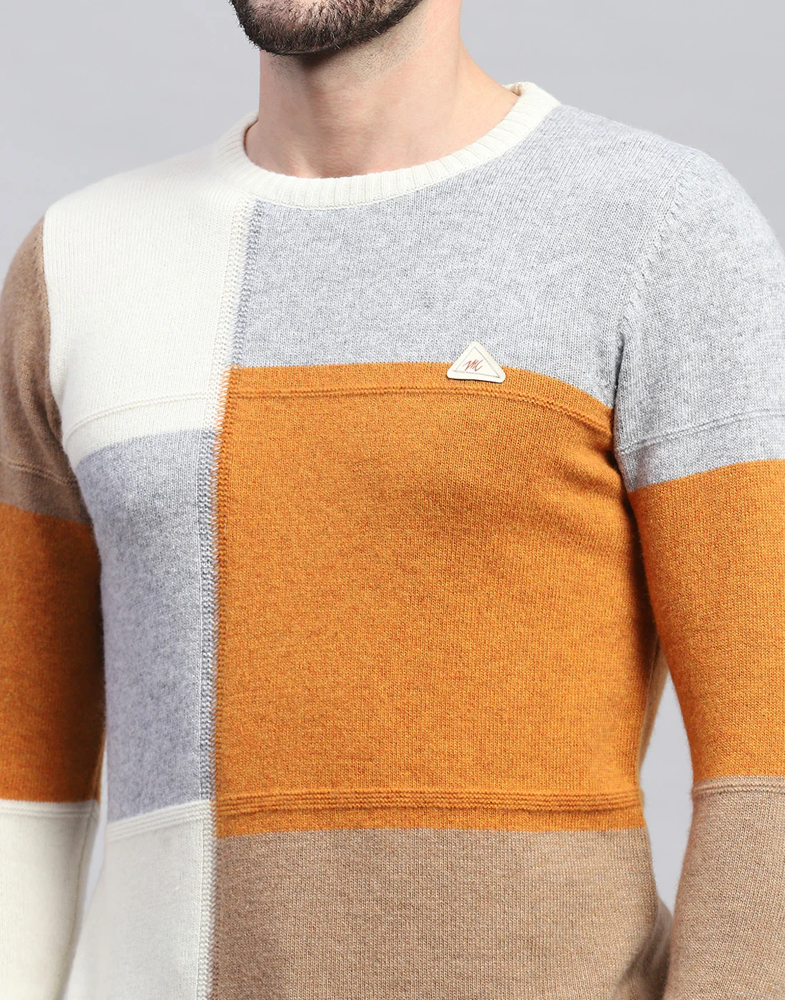 Men Off White Colourblocked Round Neck Full Sleeve Pullover - Image 6