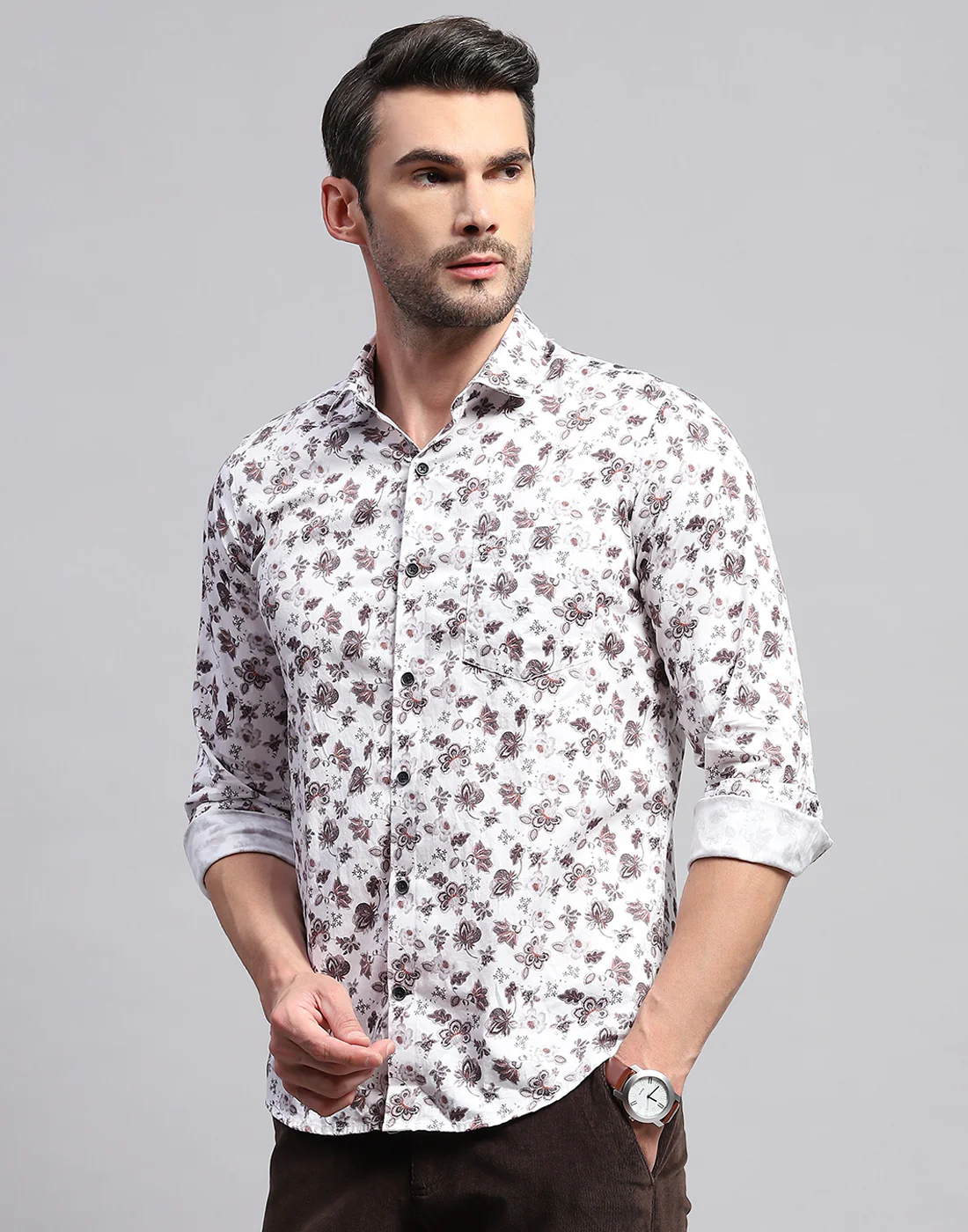 Men Off White Floral Print Collar Neck Full Sleeve Shirt - Image 3