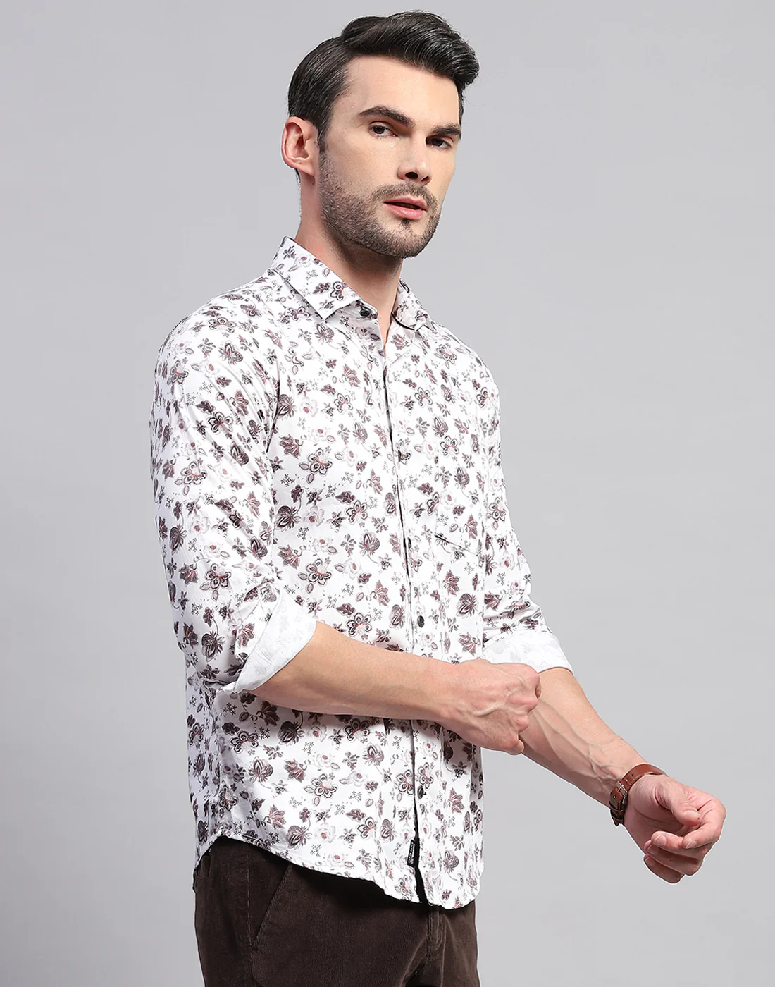 Men Off White Floral Print Collar Neck Full Sleeve Shirt - Image 4
