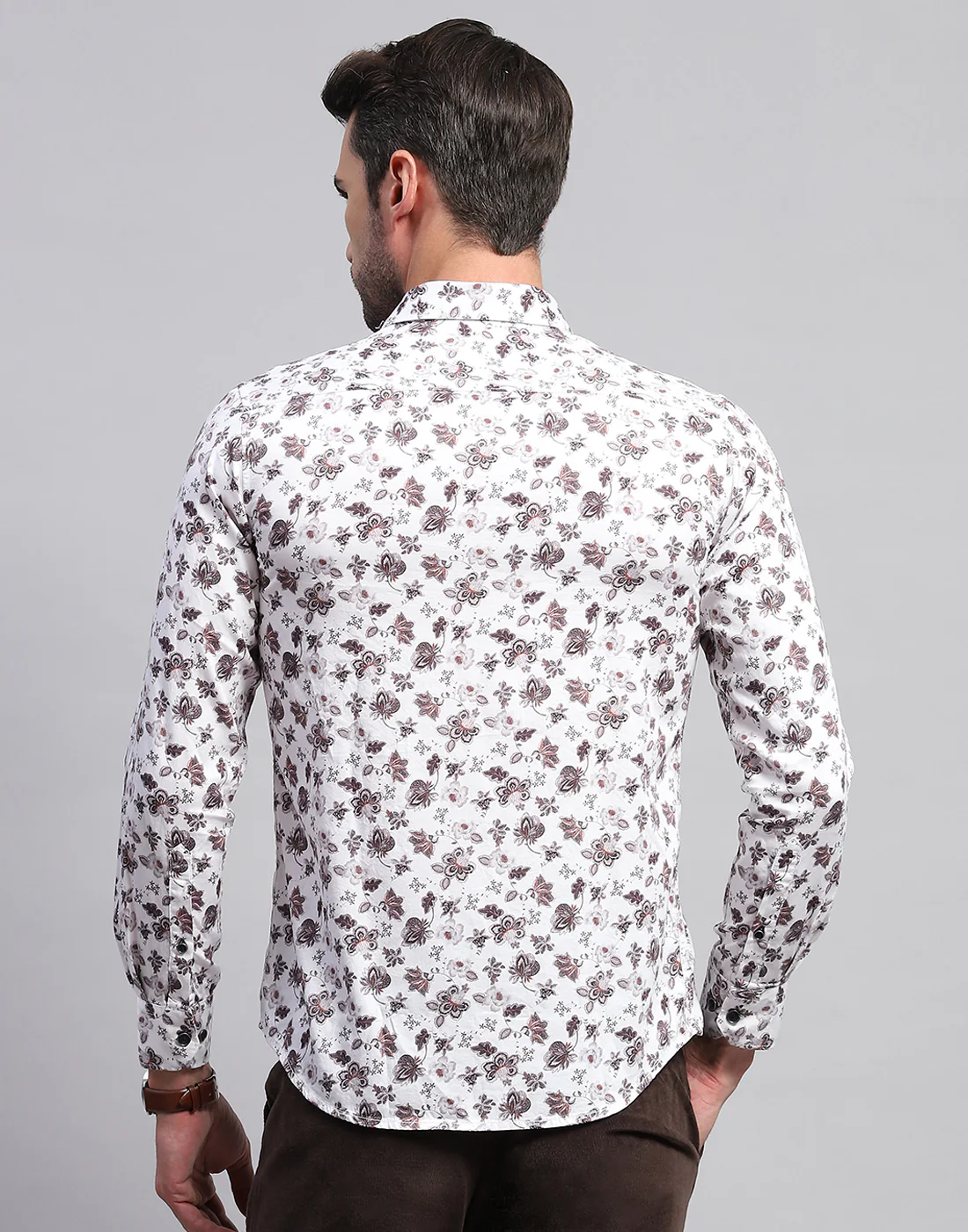 Men Off White Floral Print Collar Neck Full Sleeve Shirt - Image 5