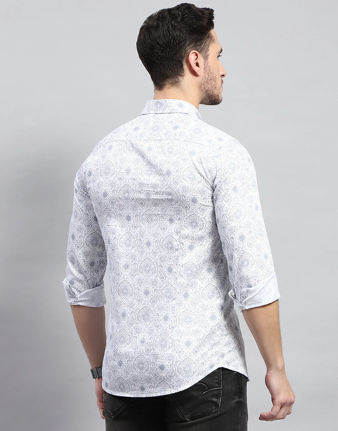 Men Off White Printed Collar Full Sleeve Shirt - Image 6