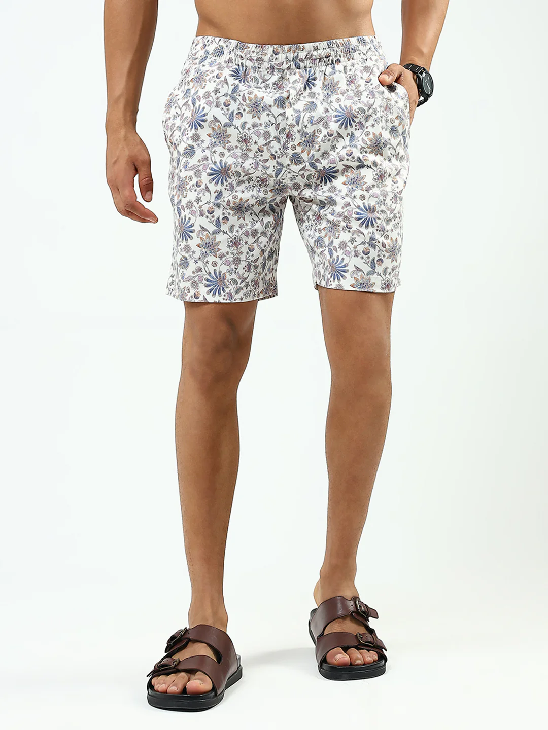 Men Off White Printed Collar Half Sleeve Cords Set - Image 7
