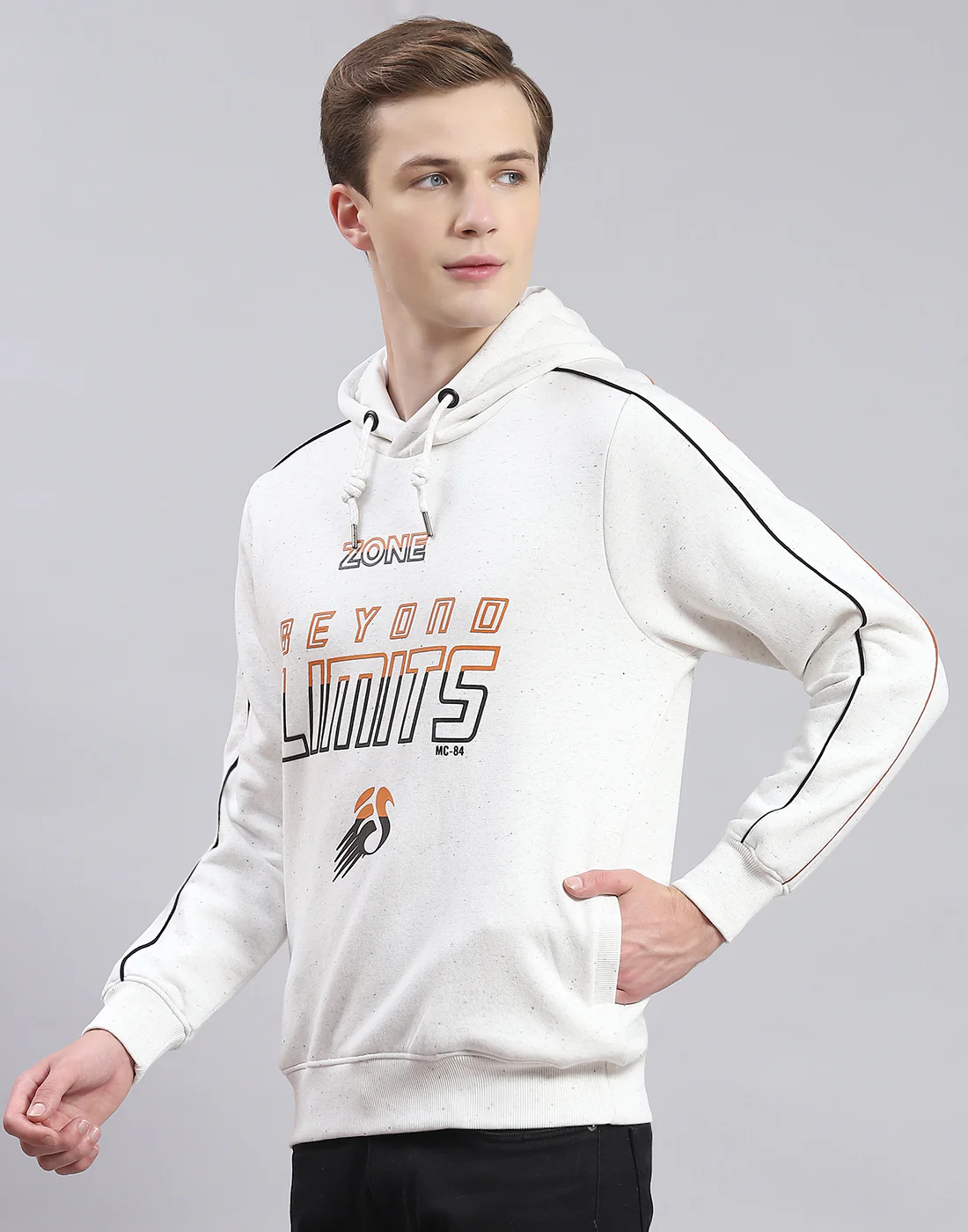 Men Off White Printed Hooded Full Sleeve Sweatshirt - Image 3