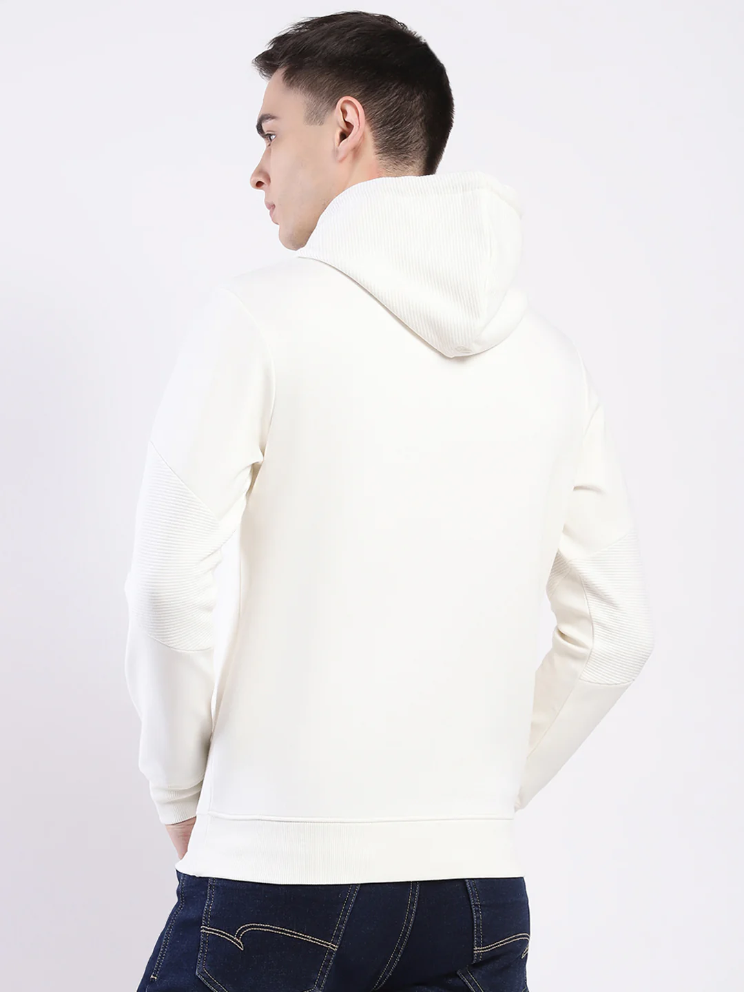 Men Off White Printed Hooded Full Sleeve Sweatshirt - Image 5