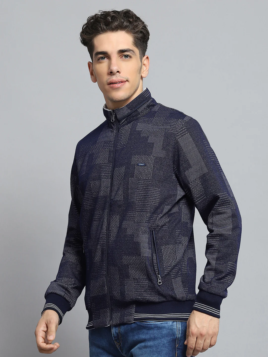 Men Off White Printed Mock Neck Full Sleeve Knitted Reversible Jacket - Image 3