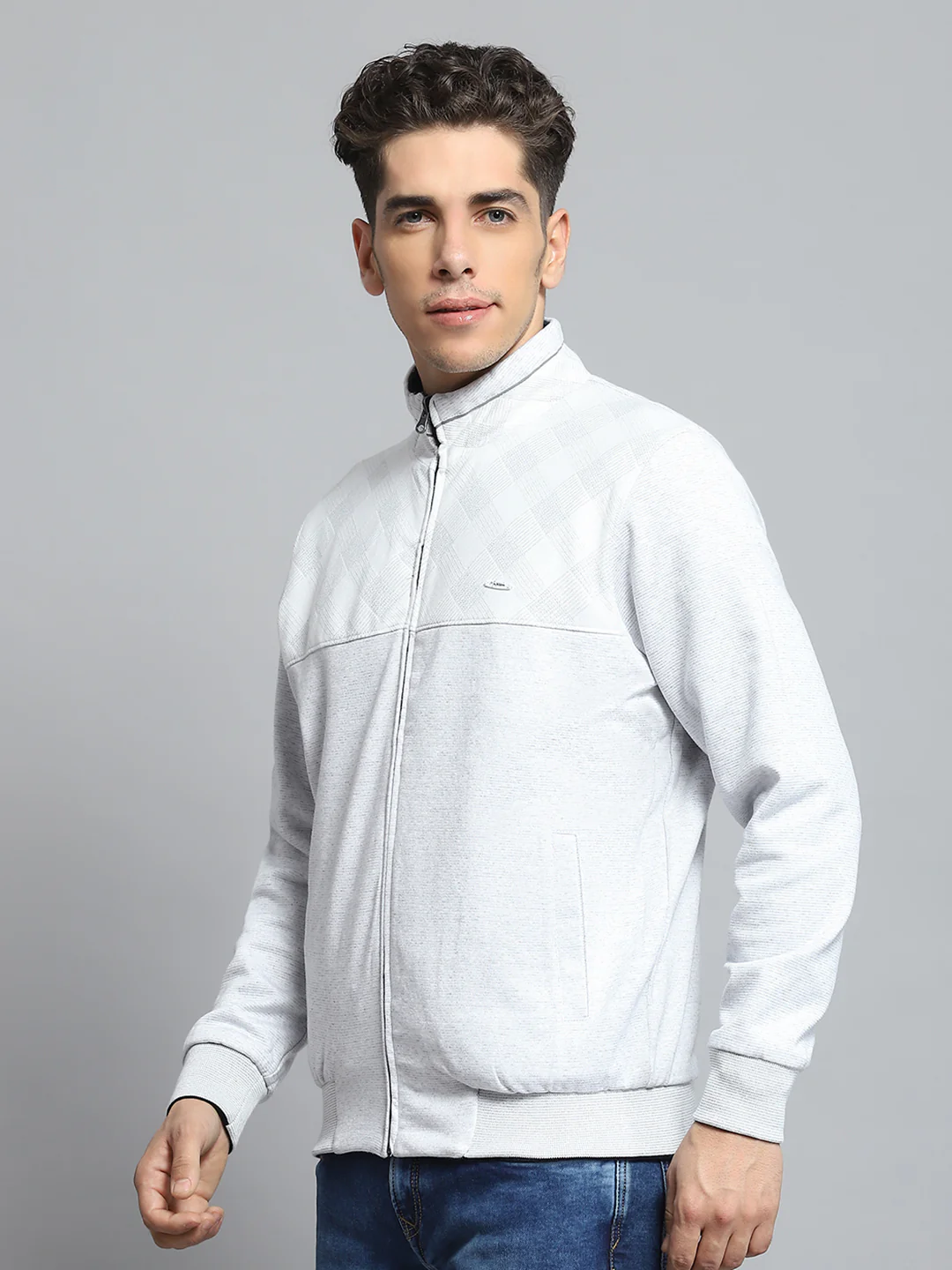 Men Off White Printed Mock Neck Full Sleeve Knitted Reversible Jacket - Image 7
