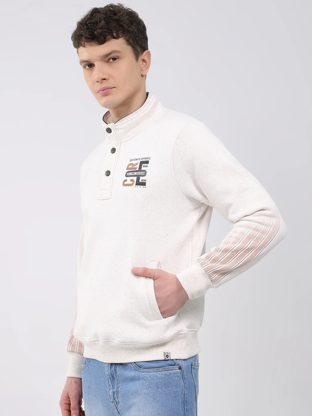 Men Off White Printed Mock Neck Full Sleeve Sweatshirt - Image 3