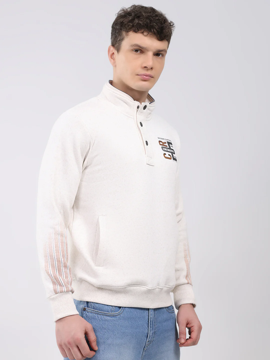 Men Off White Printed Mock Neck Full Sleeve Sweatshirt - Image 4
