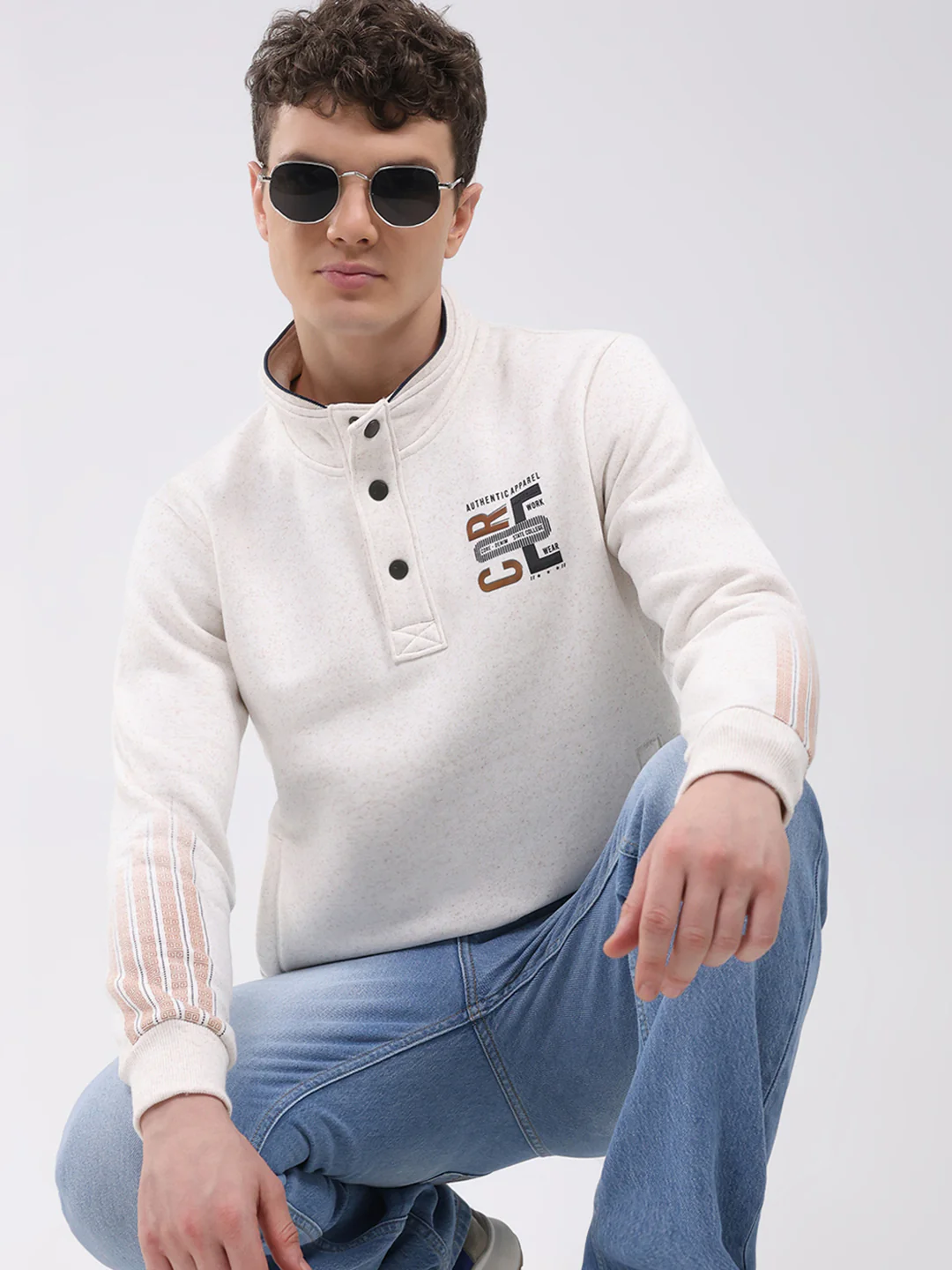 Men Off White Printed Mock Neck Full Sleeve Sweatshirt - Image 6