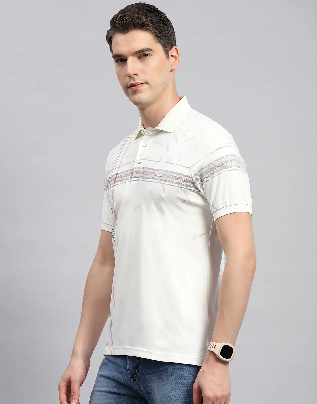 Men Off White Printed Polo Collar Half Sleeve T-Shirt - Image 3