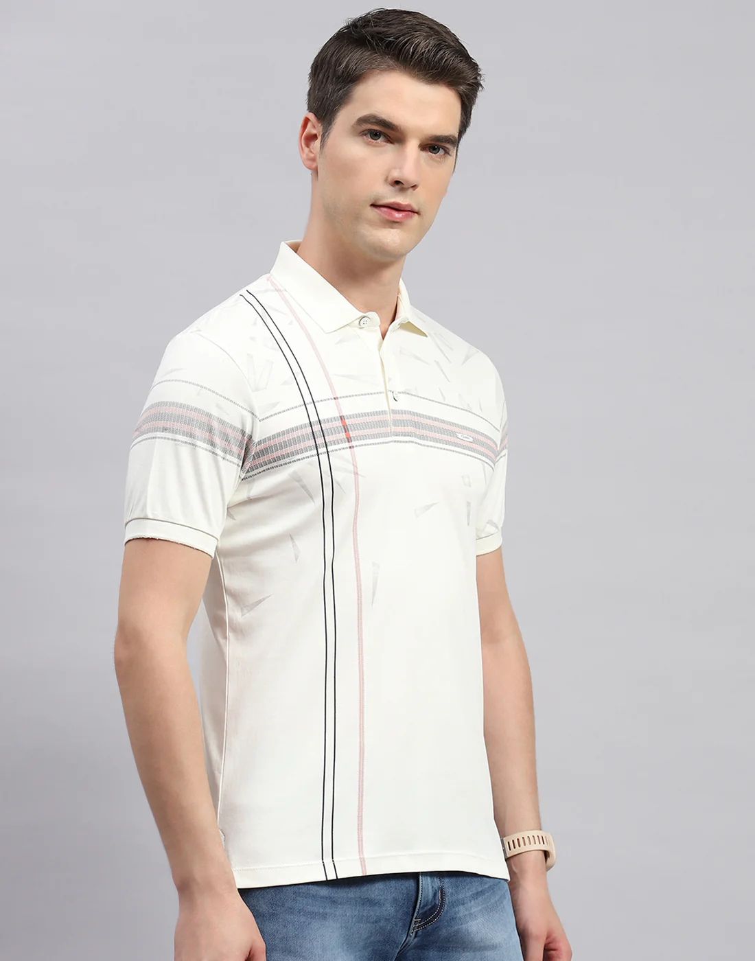 Men Off White Printed Polo Collar Half Sleeve T-Shirt - Image 4