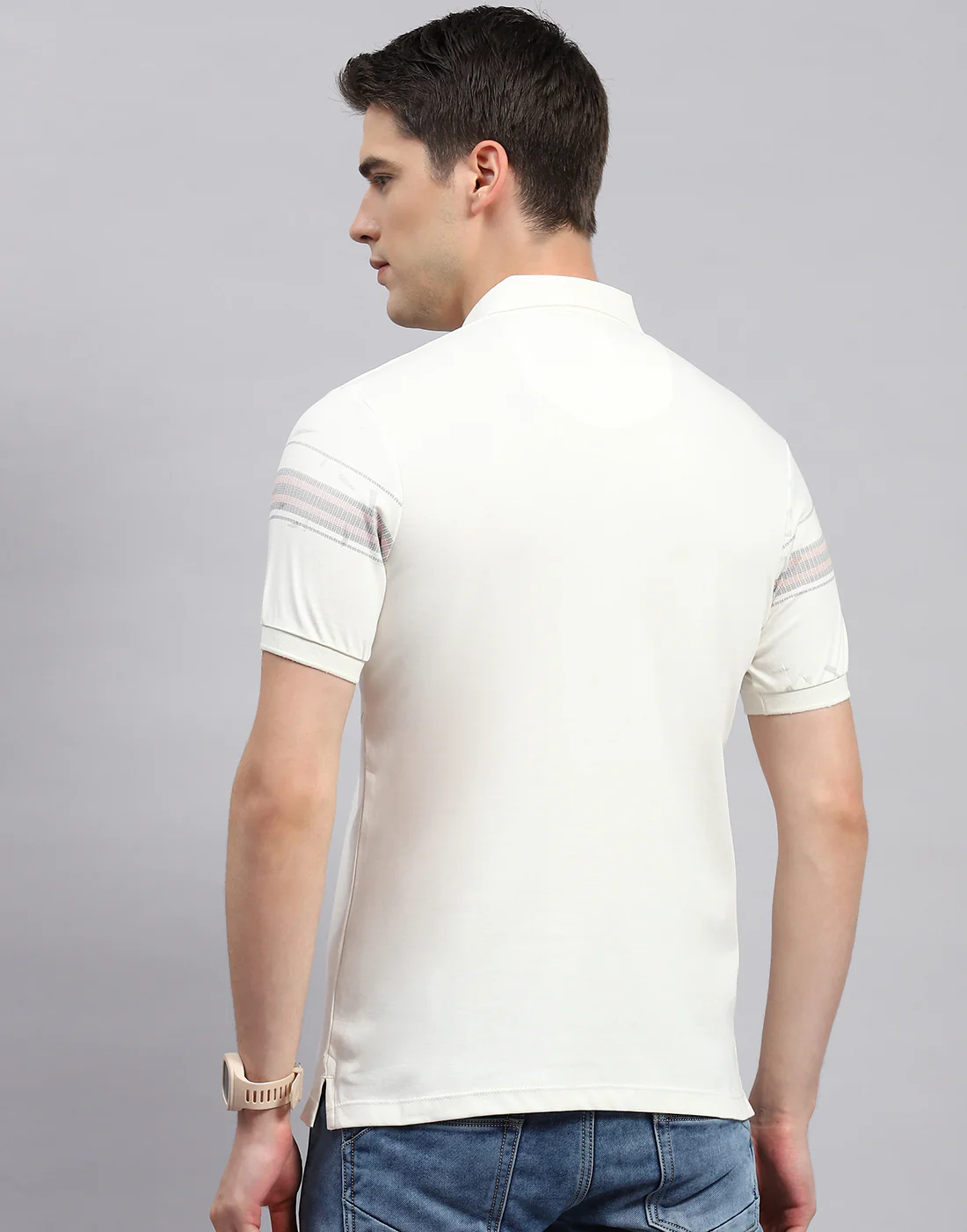 Men Off White Printed Polo Collar Half Sleeve T-Shirt - Image 5