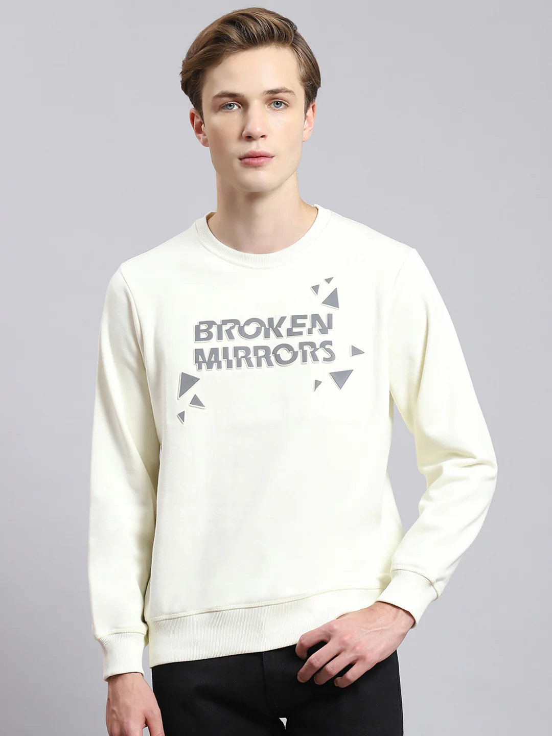Men Off White Printed Round Neck Full Sleeve Sweatshirt - Image 3