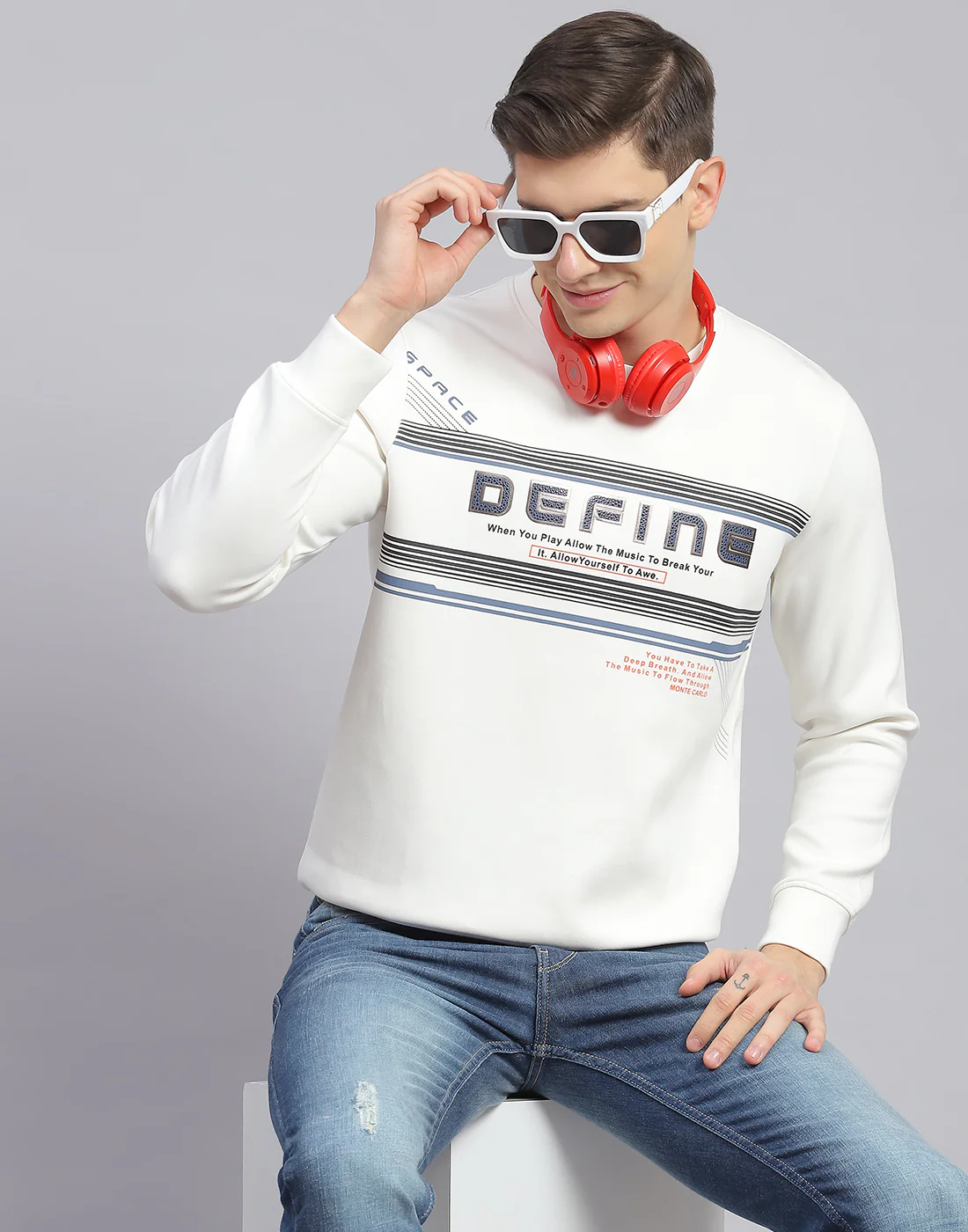 Men Off White Printed Round Neck Full Sleeve Sweatshirt - Image 2