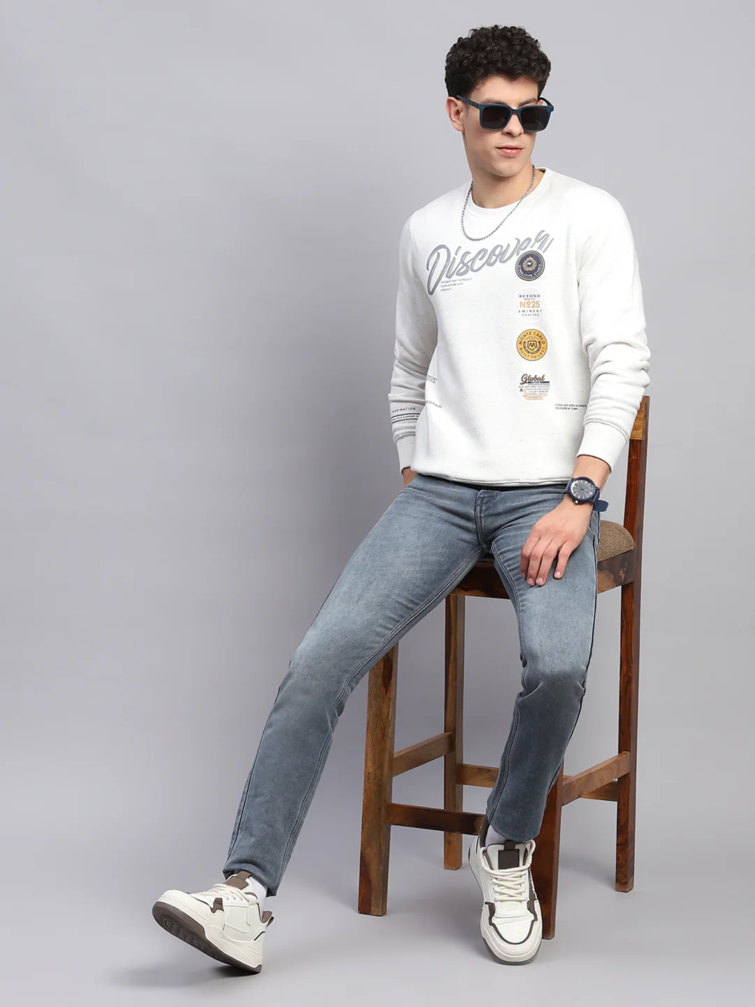 Men Off White Printed Round Neck Full Sleeve Sweatshirt - Image 2