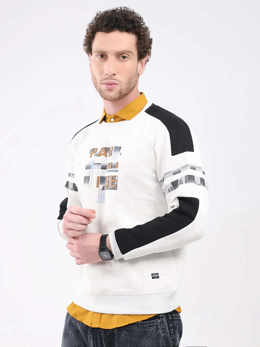 Men Off White Printed Round Neck Full Sleeve Sweatshirt - Image 3