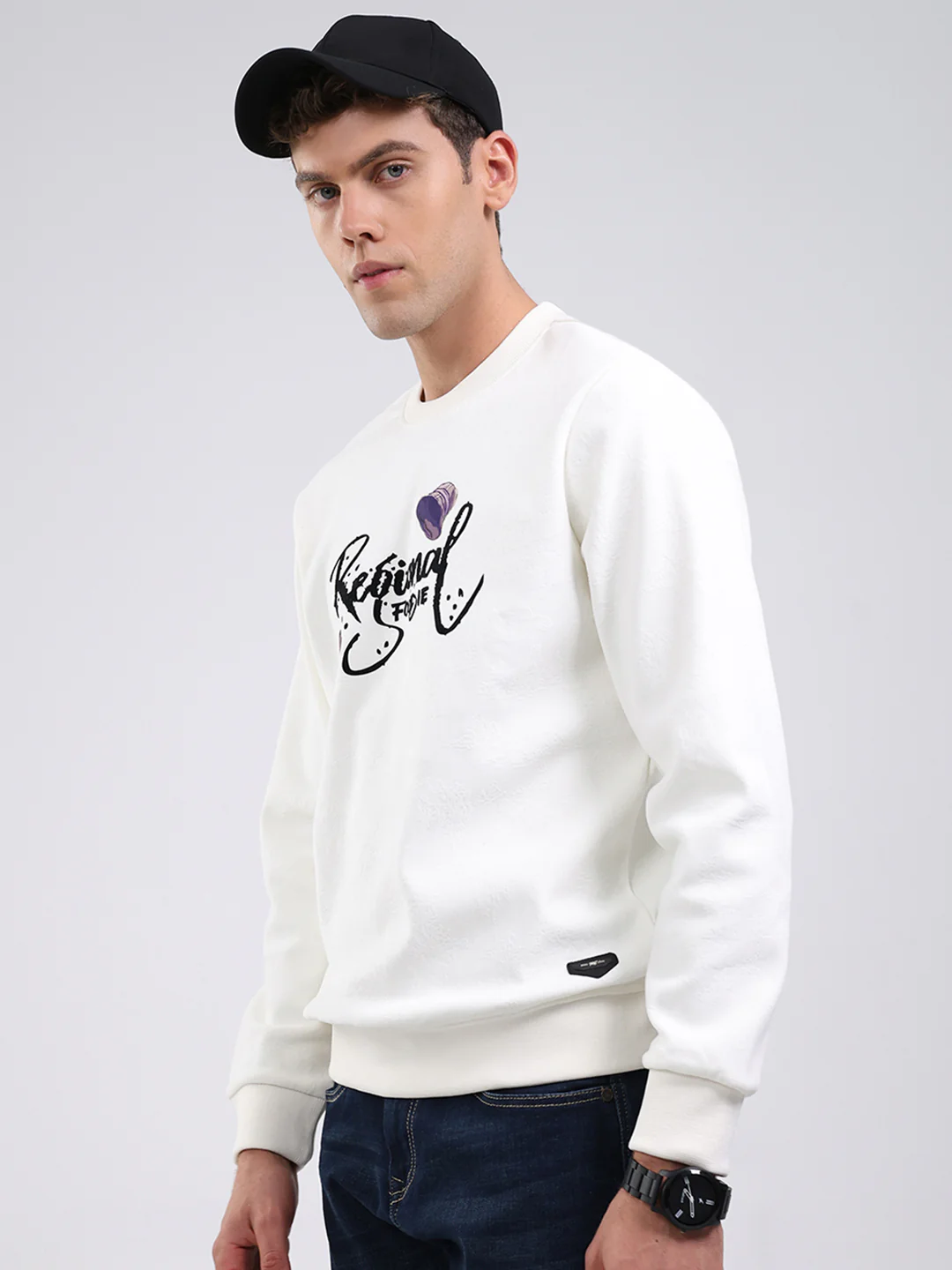 Men Off White Printed Round Neck Full Sleeve Sweatshirt -Super Soft & Extra Warm (Bonded Fabric) - Image 3