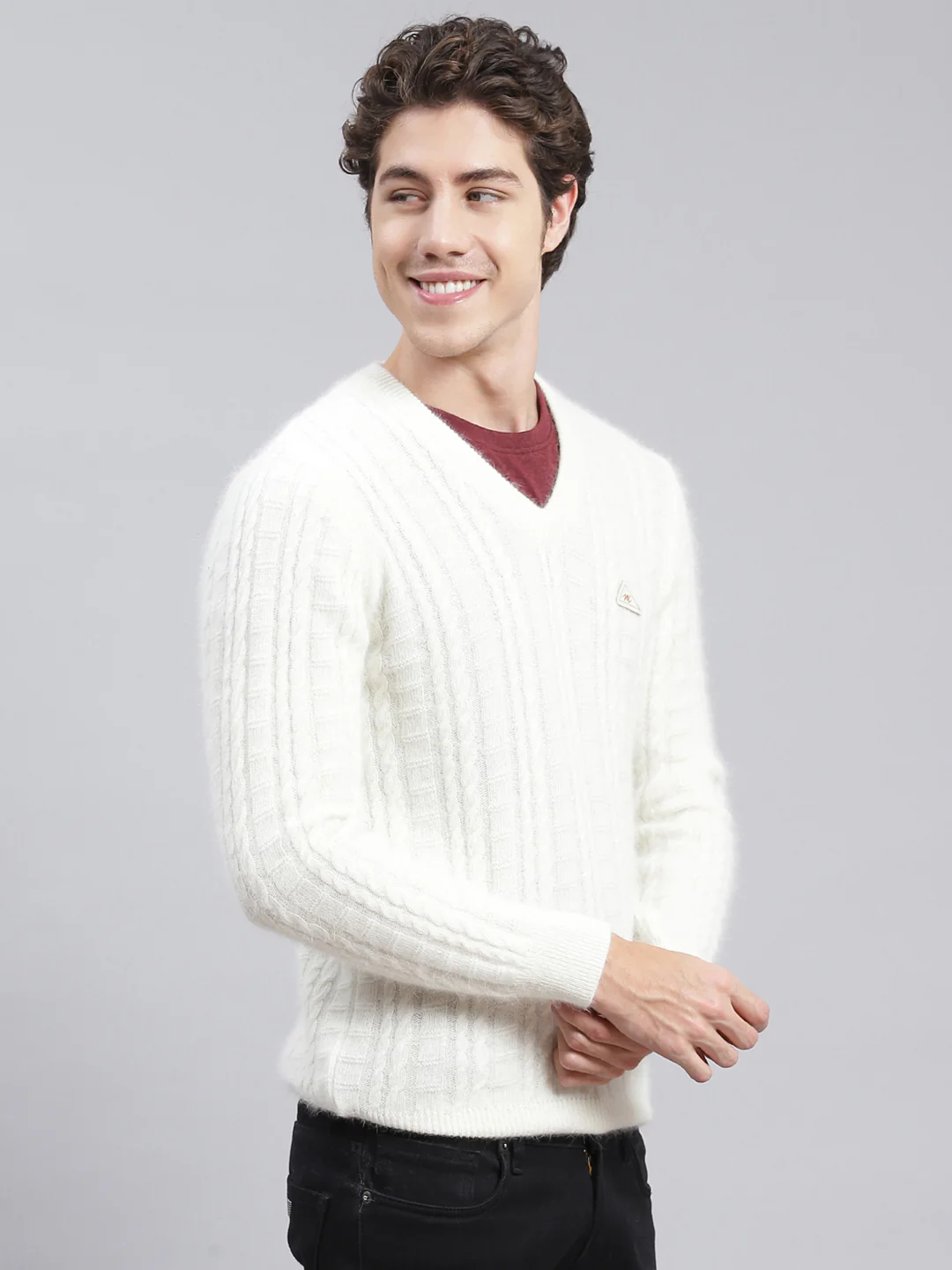 Men Off White Self Design Angoora Pullover - Image 2