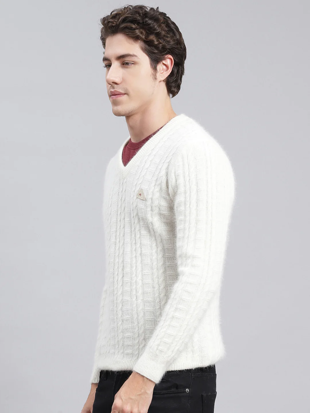 Men Off White Self Design Angoora Pullover - Image 3