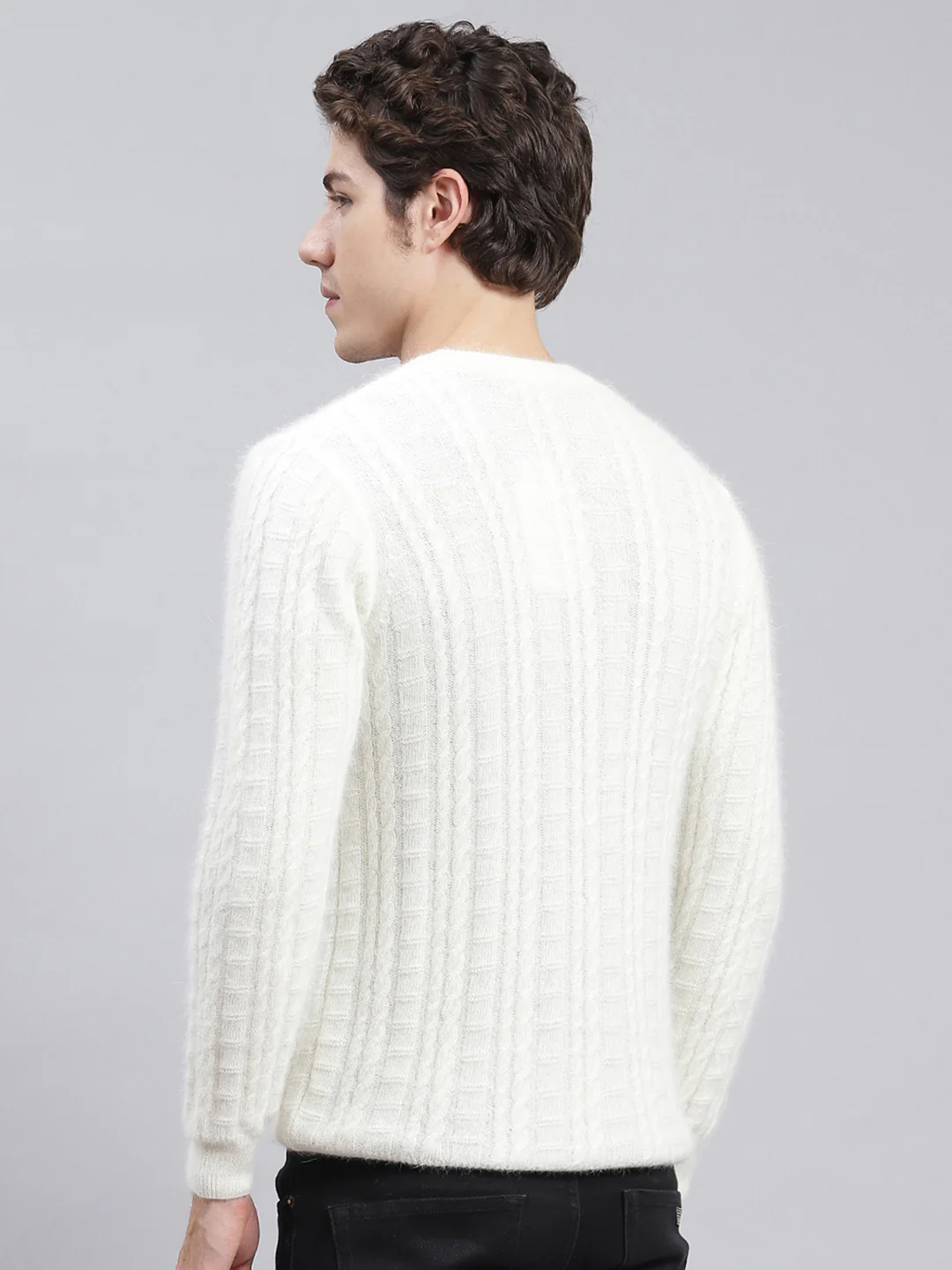 Men Off White Self Design Angoora Pullover - Image 4
