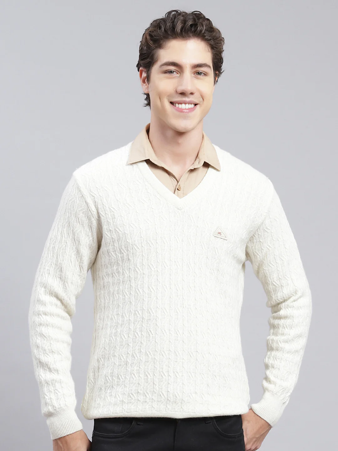 Men Off White Self Design Lamb wool Pullover - Image 2