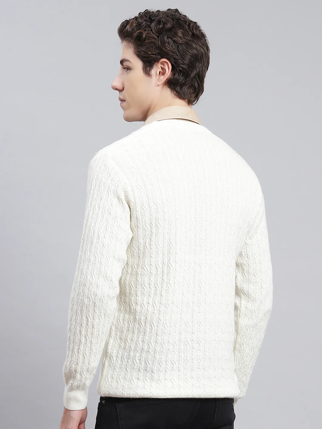 Men Off White Self Design Lamb wool Pullover - Image 5