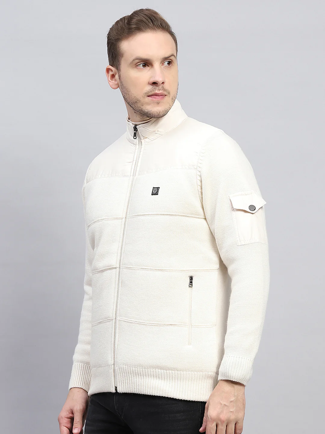 Men Off White Self Design Mock Neck Full Sleeve Jacket - Image 3