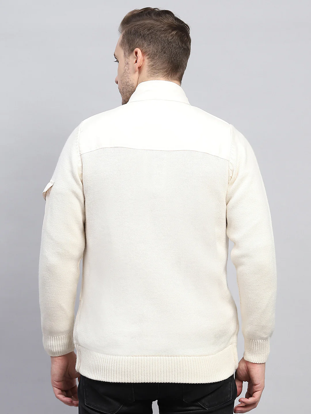 Men Off White Self Design Mock Neck Full Sleeve Jacket - Image 5