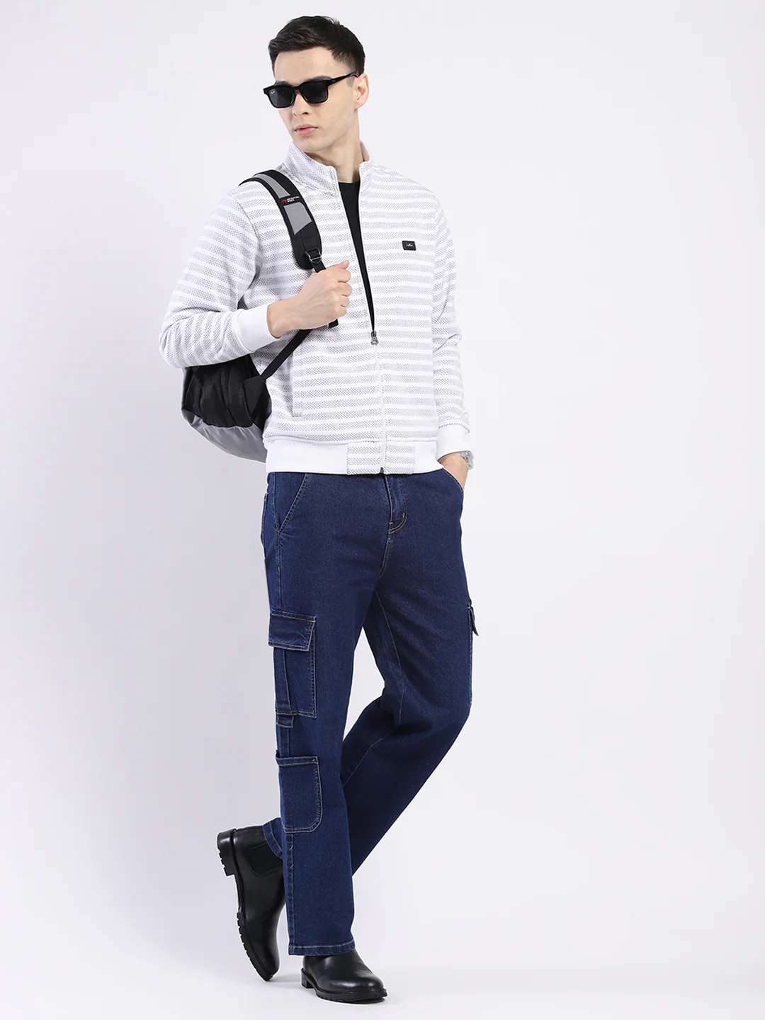 Men Off White Self Design Mock Neck Full Sleeve Sweatshirt - Image 2