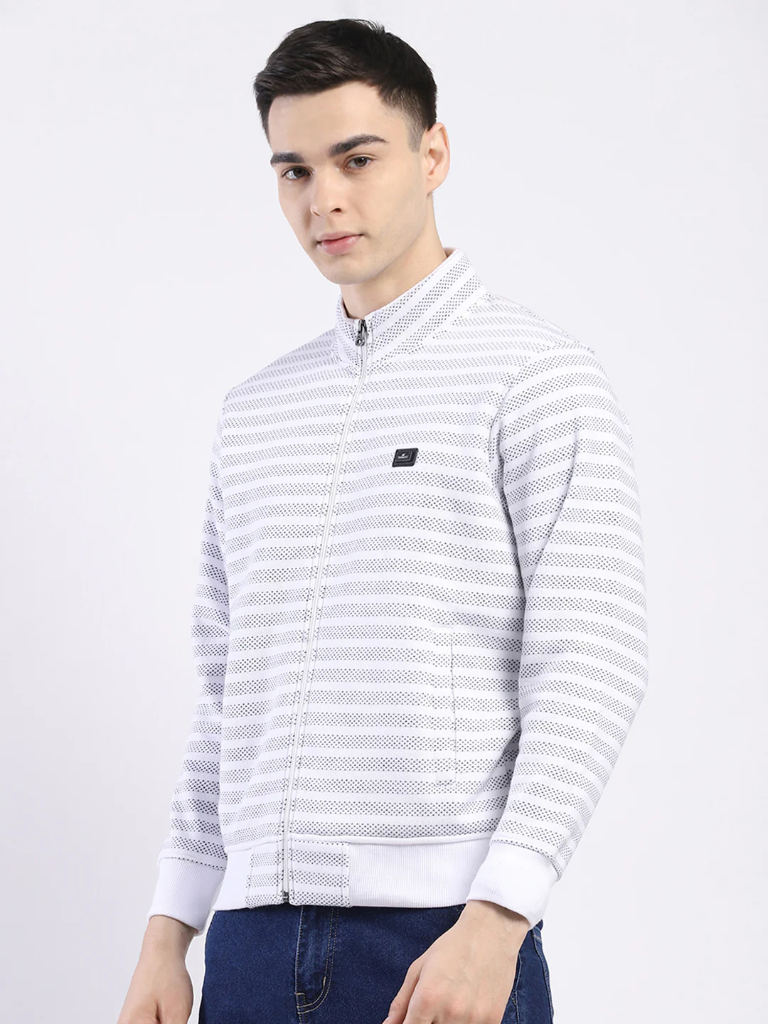 Men Off White Self Design Mock Neck Full Sleeve Sweatshirt - Image 3