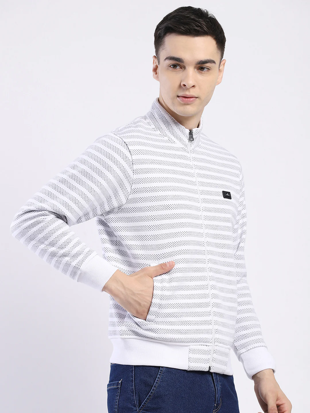 Men Off White Self Design Mock Neck Full Sleeve Sweatshirt - Image 4