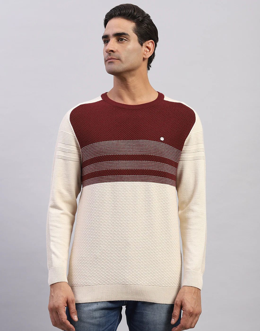 Men Off White Self Design Round Neck Full Sleeve Pullover - Image 2