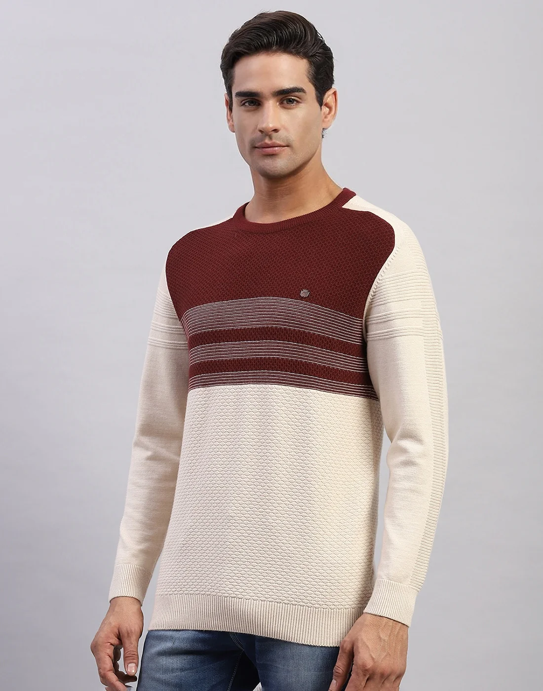 Men Off White Self Design Round Neck Full Sleeve Pullover - Image 3