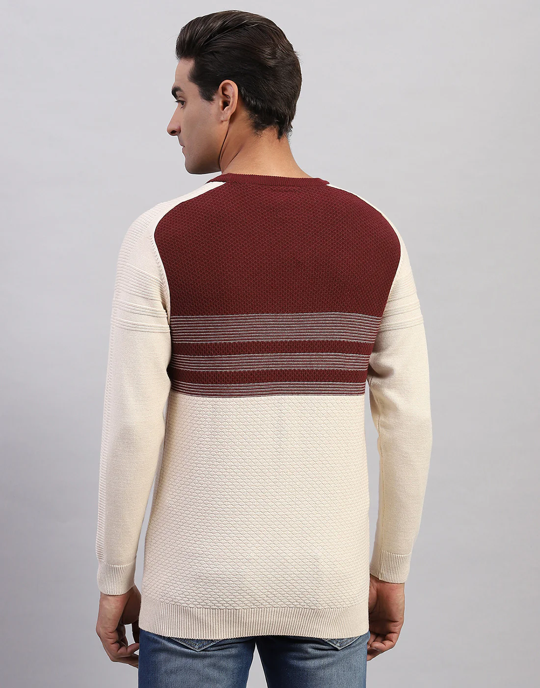 Men Off White Self Design Round Neck Full Sleeve Pullover - Image 5