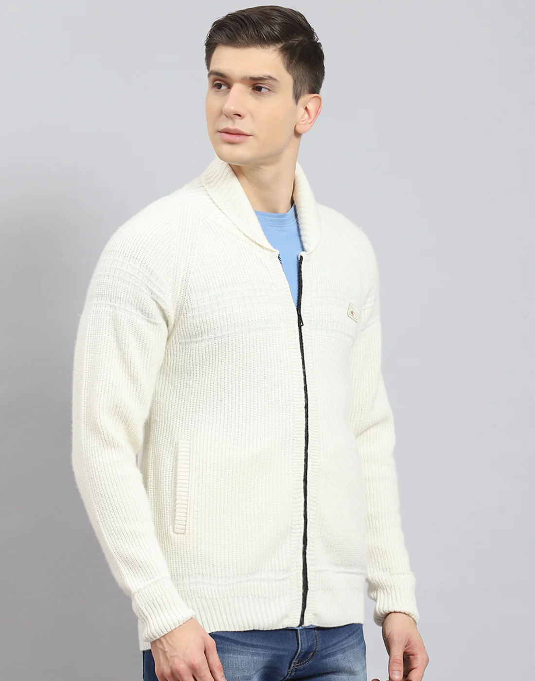 Men Off White Self Design Stand Collar Full Sleeve Sweater - Image 6