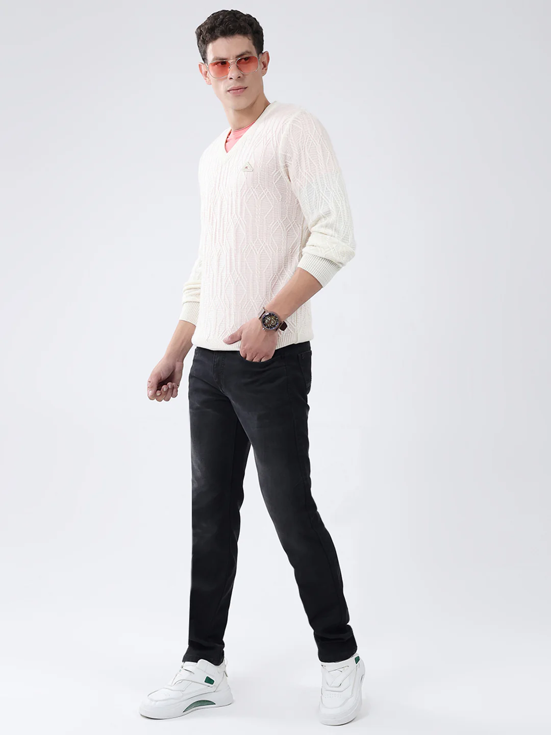 Men Off White Self Design V Neck Full Sleeve Pullover - Image 2