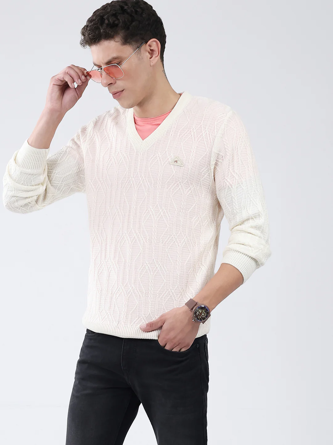 Men Off White Self Design V Neck Full Sleeve Pullover - Image 6
