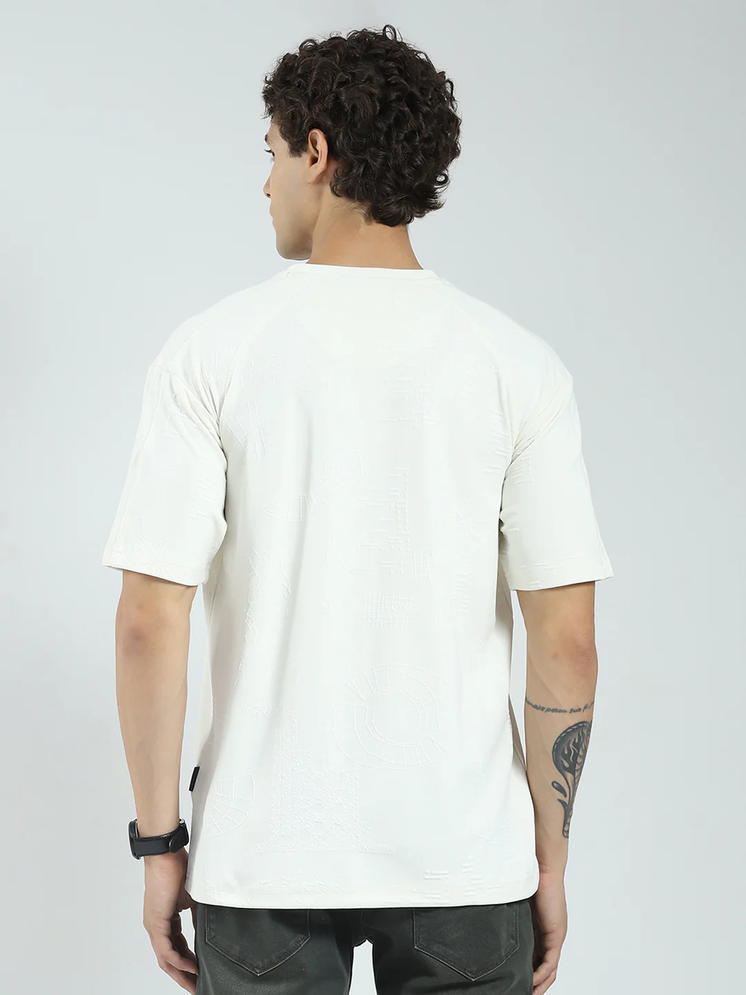 Rock.it Men Off White Self Design Round Neck Half Sleeve T-Shirt - Image 5