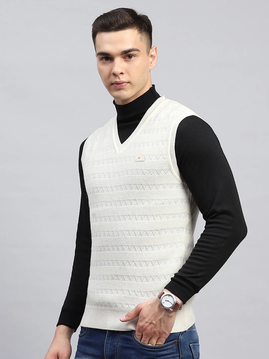 Men Off White Self Design V Neck Sleeveless Sweater - Image 3