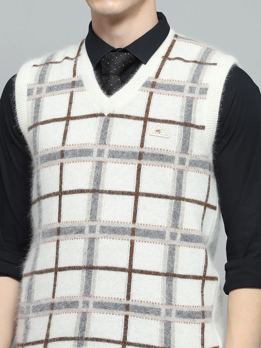 Men Off White Self Design V Neck Sleeveless Sweater - Image 6
