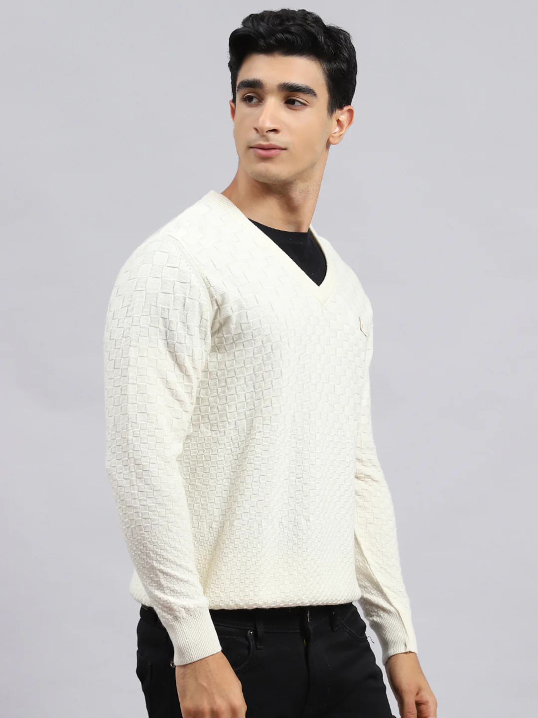 Men Off White Self Pullover - Image 3