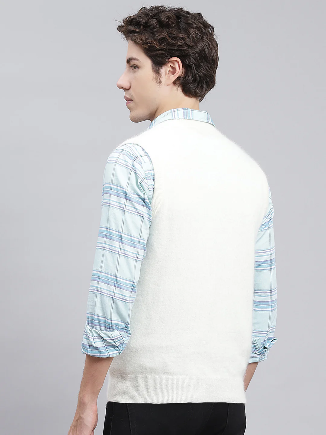 Men Off White Solid Angoora Sweater - Image 5